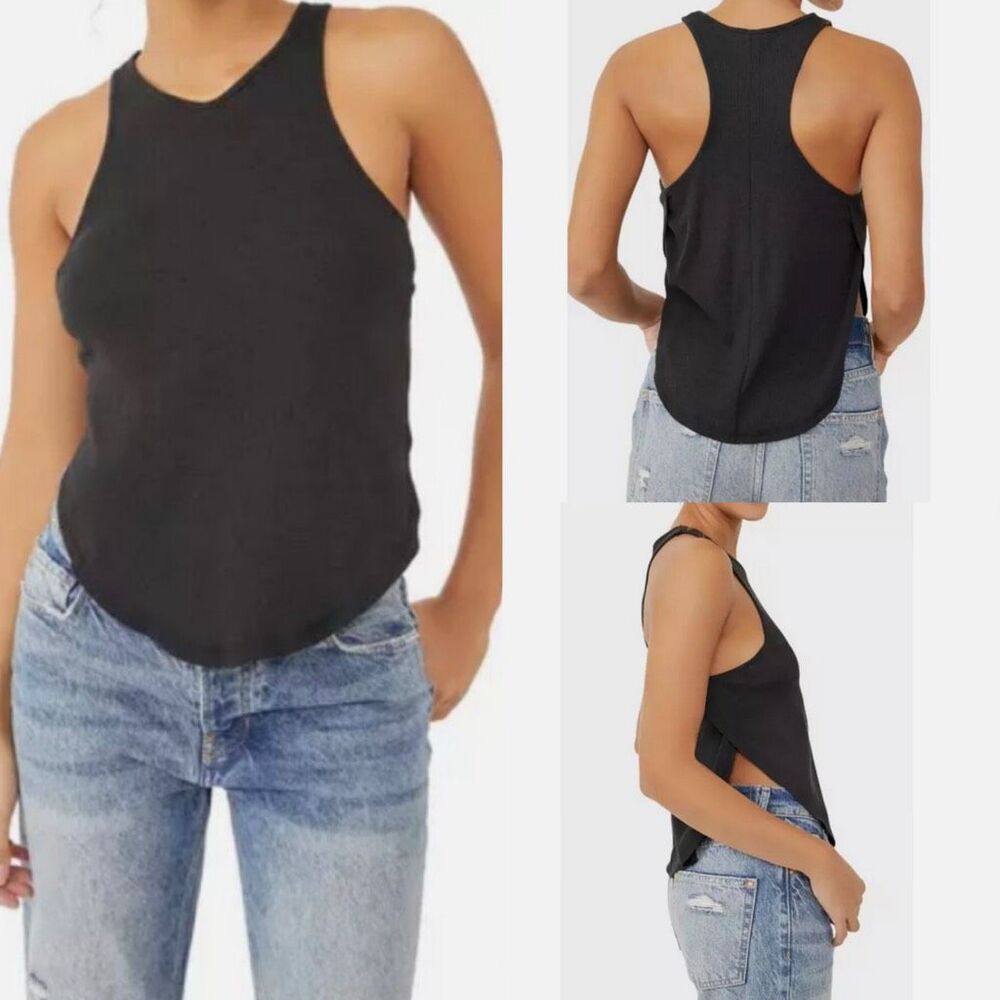 Free People X Intimately Out The Door Tank top black Ribbed V Neck Medium NEW